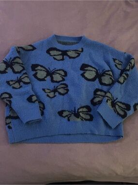 Blue Crewneck Sweater with Black and Green butterflies